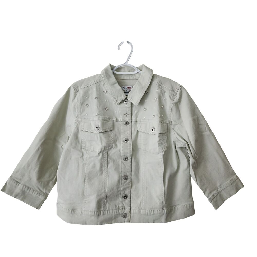 Denim&Co Womens Embroidered 3/4 Sleeve Jacket Ivory Cotton-Blend D&Co QVC Size L